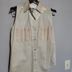 Sleeveless Striped Button-Up Shirt with Red Accents